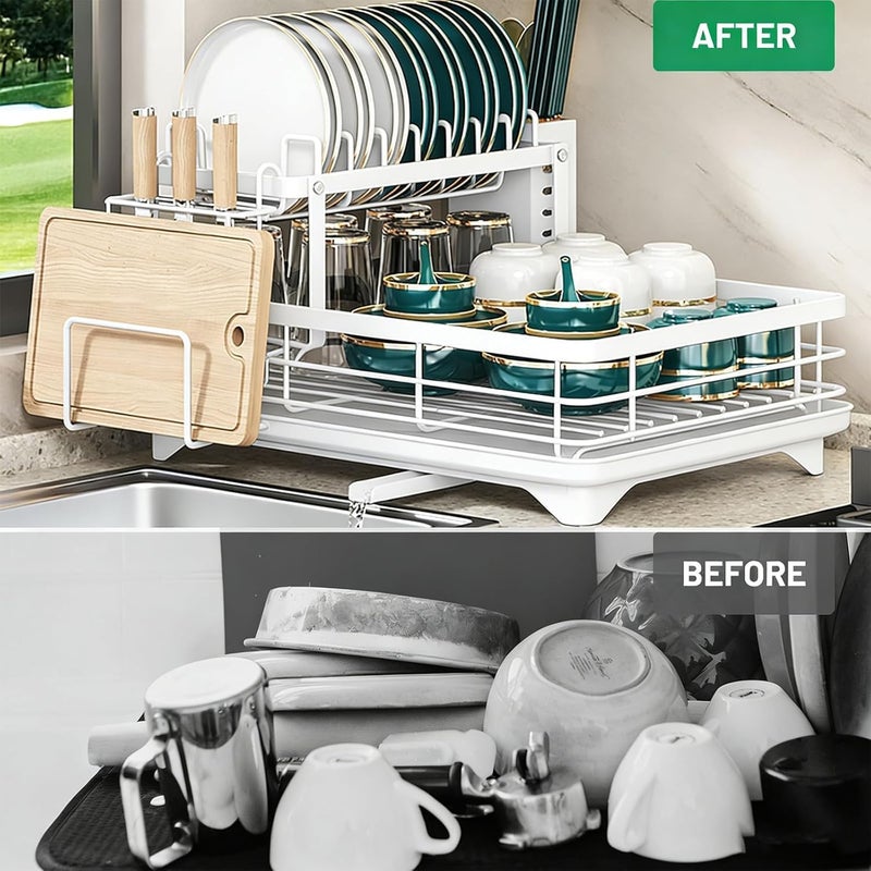Xlot Dish Drying Rack Kitchen Drain - 2 Tier Stainless Steel for Kitchen Counter with Draining Board Utensil Holder Cutting Board Holder Large Capacity (White) - Image 2