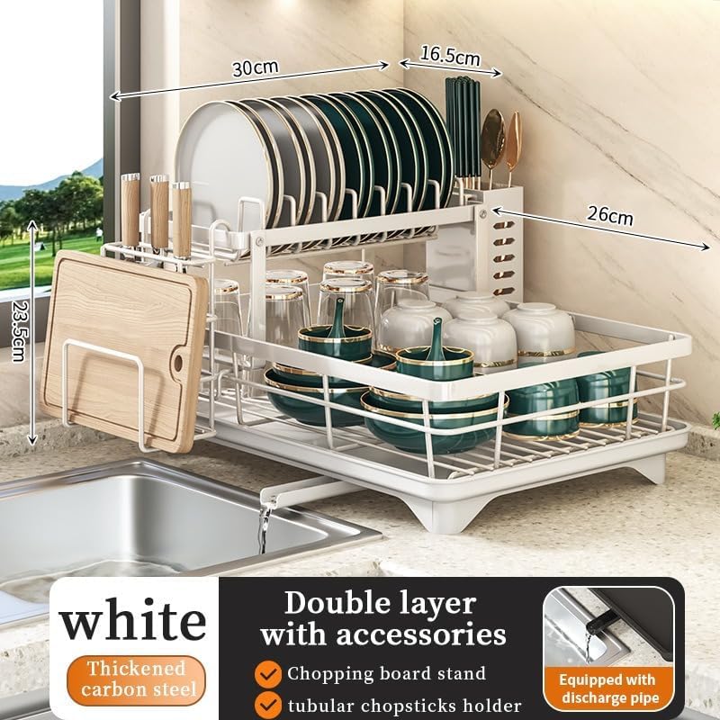 Xlot Dish Drying Rack Kitchen Drain - 2 Tier Stainless Steel for Kitchen Counter with Draining Board Utensil Holder Cutting Board Holder Large Capacity (White) - Image 3