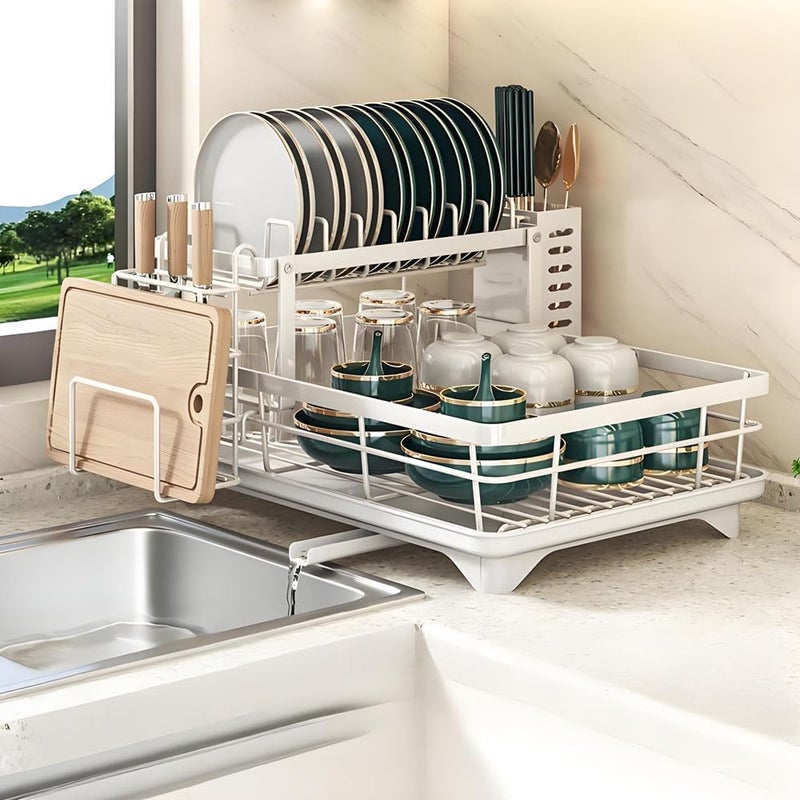 Xlot Dish Drying Rack Kitchen Drain - 2 Tier Stainless Steel for Kitchen Counter with Draining Board Utensil Holder Cutting Board Holder Large Capacity (White) - Image 1