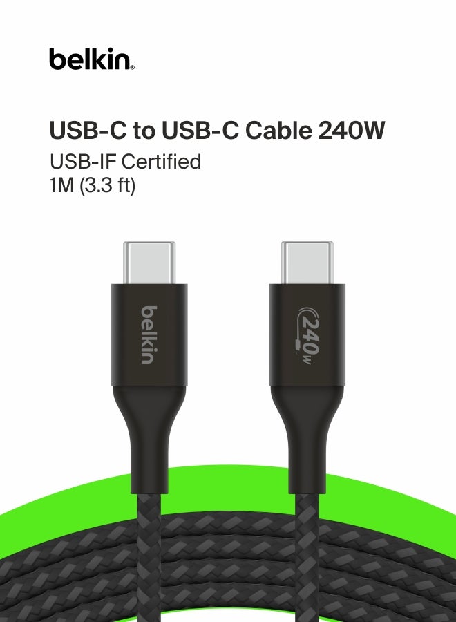 Boost Charge USB-C To USB-C Power Charger Cable, USB-IF Certified Fast Charging Cable With 240W Power Delivery For iPhone 16, 15, MacBook, Chromebook, Galaxy, iPad, Pixel And More - 1m - Black