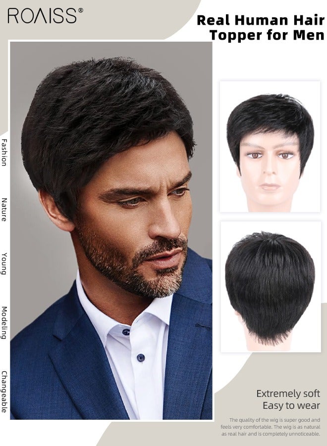 رويس باروكة شعر مستعار للرجال، شعر مستعار أسود طبيعي قطع شعر مستعار أسود قصير شعر مستعار بشري حقيقي للرجال لتغطية الشعر الأبيض أو المتساقط، وصلات شعر مصنوعة يدويًا للارتداء اليومي - Image 1