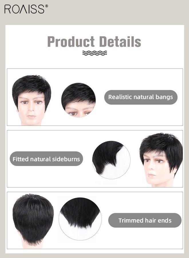 رويس باروكة شعر مستعار للرجال، شعر مستعار أسود طبيعي قطع شعر مستعار أسود قصير شعر مستعار بشري حقيقي للرجال لتغطية الشعر الأبيض أو المتساقط، وصلات شعر مصنوعة يدويًا للارتداء اليومي - Image 2