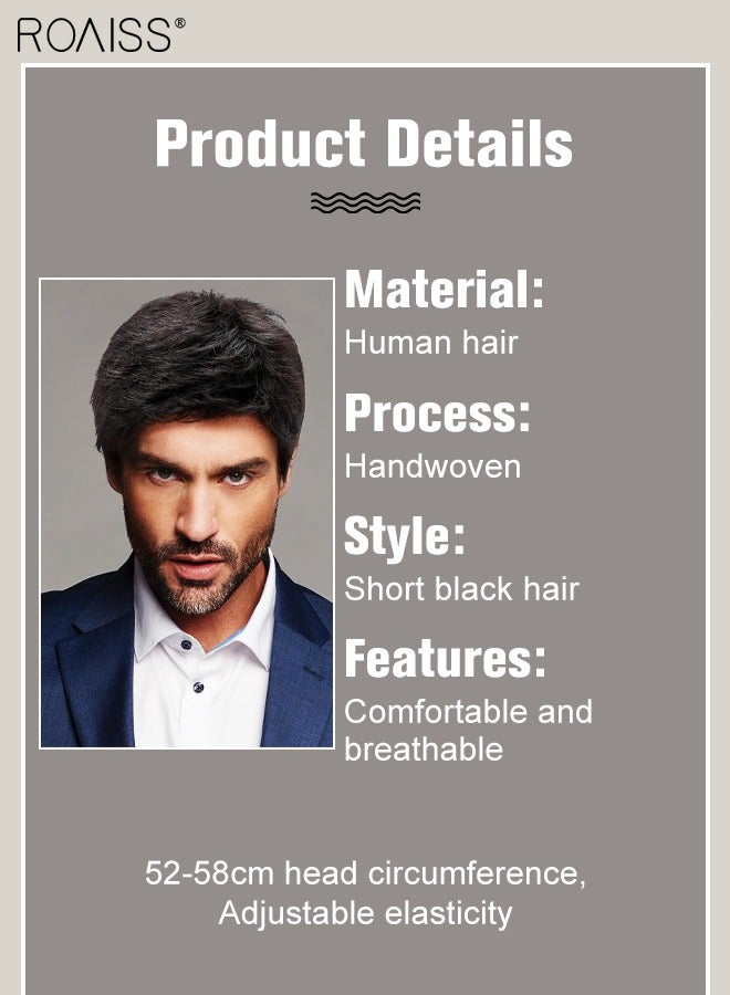 رويس باروكة شعر مستعار للرجال، شعر مستعار أسود طبيعي قطع شعر مستعار أسود قصير شعر مستعار بشري حقيقي للرجال لتغطية الشعر الأبيض أو المتساقط، وصلات شعر مصنوعة يدويًا للارتداء اليومي - Image 3