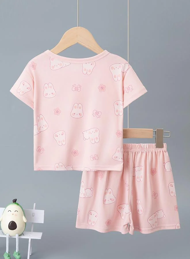 Take Two Girls Pink Bunny And Flower Print Short Sleeve Pyjama Set