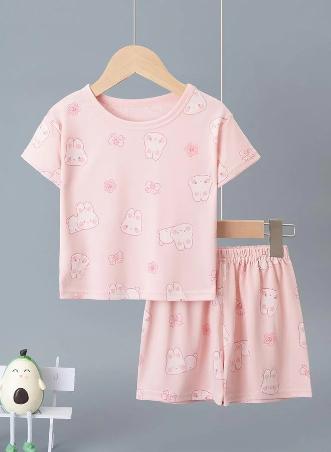 Take Two Girls Pink Bunny And Flower Print Short Sleeve Pyjama Set