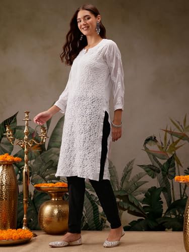 Ada Hand Embroidered Indian Chikankari Kurta Kurti Faux Georgette Tunic for Women XL95485_White - Image 5