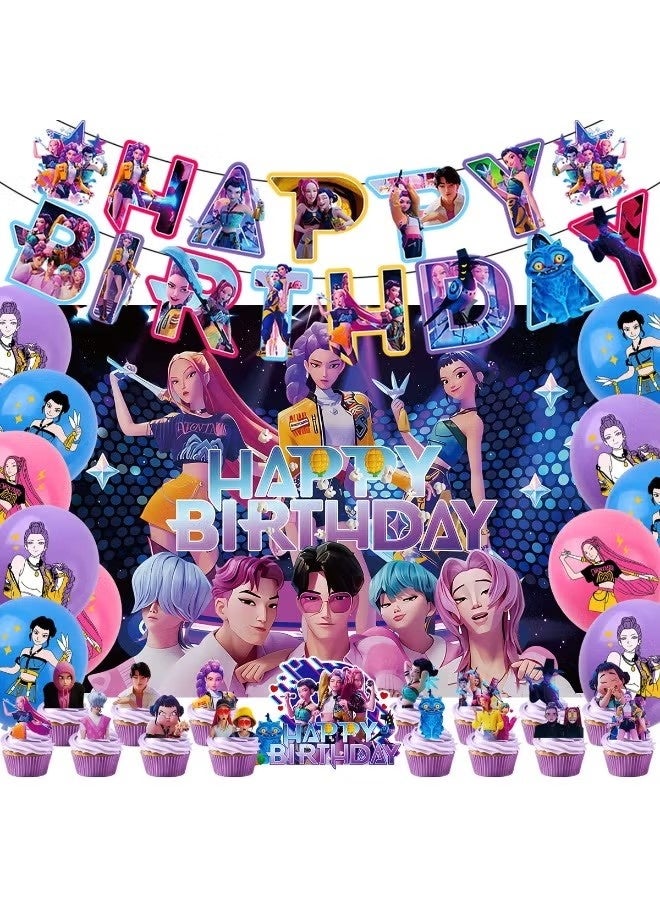 Realfrog Demon Hunter girl group birthday party decorations - Hanging spiral decorations for a K-pop girl group backdrop, flag-shaped balloons - Image 2