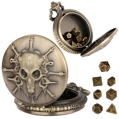 Keller & Weber Mini DND Dice Set Steampunk Warlock Pocket Watch Shell Case, 7pcs Polyhedral Metal D&D Dice Set, DND Gifts with Gift Box for Gamer, Role Playing Board Games Accessories, Bronze - Image 1