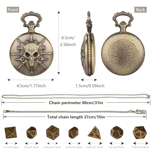 Keller & Weber Mini DND Dice Set Steampunk Warlock Pocket Watch Shell Case, 7pcs Polyhedral Metal D&D Dice Set, DND Gifts with Gift Box for Gamer, Role Playing Board Games Accessories, Bronze - Image 4