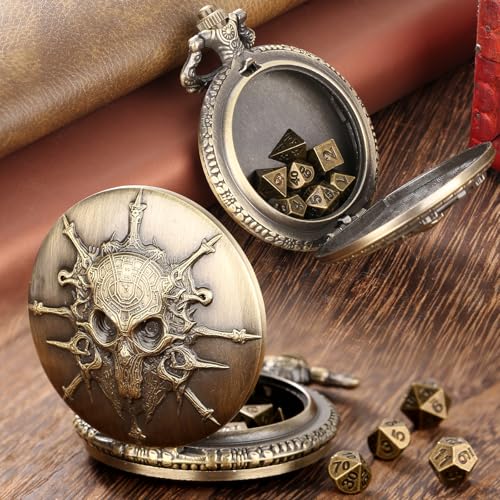 Keller & Weber Mini DND Dice Set Steampunk Warlock Pocket Watch Shell Case, 7pcs Polyhedral Metal D&D Dice Set, DND Gifts with Gift Box for Gamer, Role Playing Board Games Accessories, Bronze - Image 5