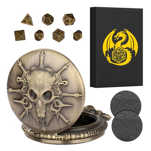 Keller & Weber Mini DND Dice Set Steampunk Warlock Pocket Watch Shell Case, 7pcs Polyhedral Metal D&D Dice Set, DND Gifts with Gift Box for Gamer, Role Playing Board Games Accessories, Bronze - Image 3