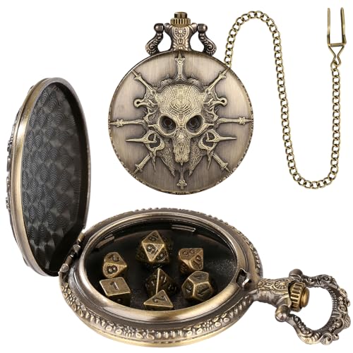 Keller & Weber Mini DND Dice Set Steampunk Warlock Pocket Watch Shell Case, 7pcs Polyhedral Metal D&D Dice Set, DND Gifts with Gift Box for Gamer, Role Playing Board Games Accessories, Bronze - Image 2