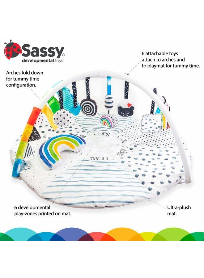 Sassy Stages STEM Developmental Play Gym, Sensory Tummy Time Activity Play Mat w/Built-in Instructions, Ultra Plush & Machine Washable Playmat for Babies & Toddlers, 0+ Months - Image 4