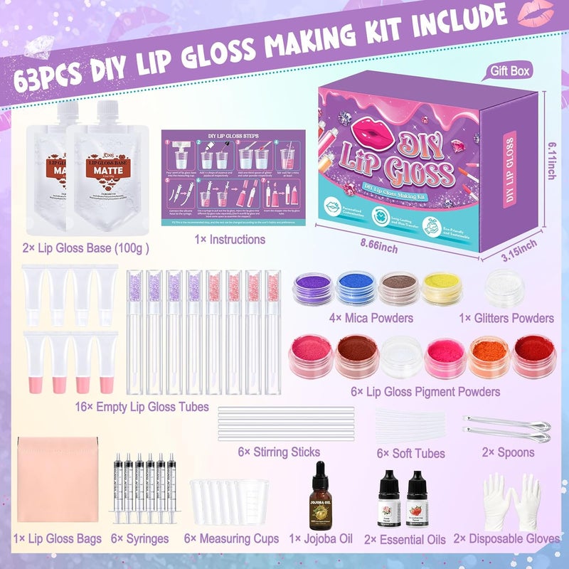 JCOOS DIY Lip Gloss Making Kit - 63PCS Diamond Matte Lip Gloss Base, Tubes & Pigment - Teen Girl Gifts - Image 2