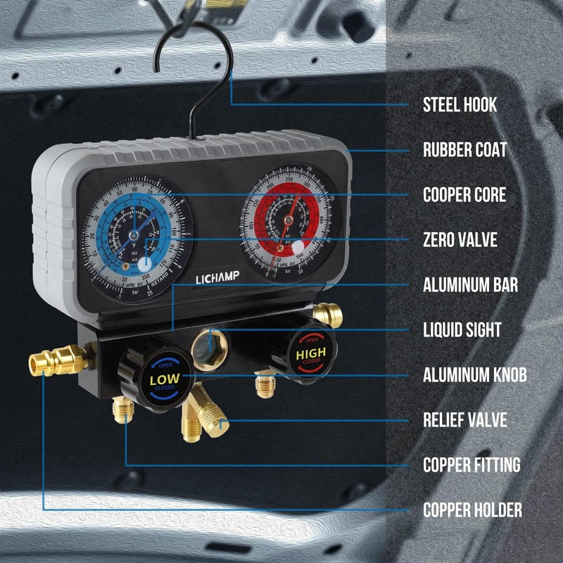 Lichamp مجموعة عدادات تكييف الهواء Lichamp مجموعة عدادات مانيفولد للتكييف R134a R22 R12 R502 محترف A302 - Image 4