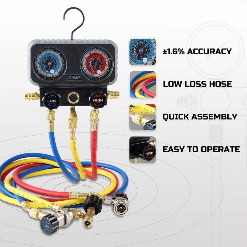Lichamp مجموعة عدادات تكييف الهواء Lichamp مجموعة عدادات مانيفولد للتكييف R134a R22 R12 R502 محترف A302 - Image 3