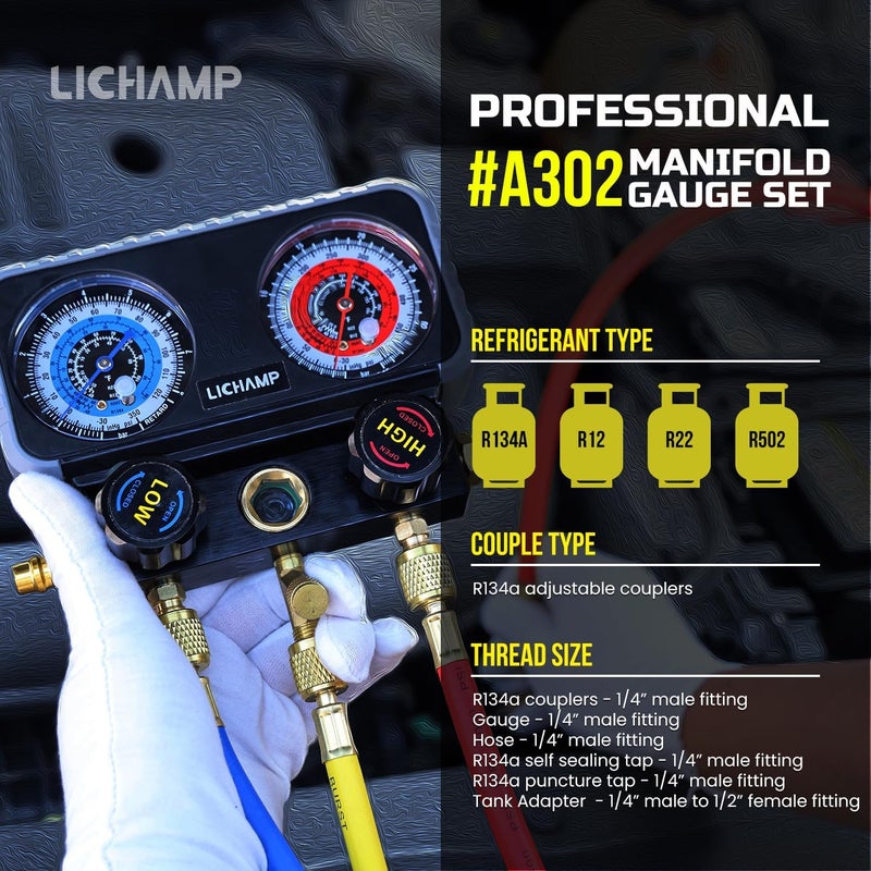 Lichamp مجموعة عدادات تكييف الهواء Lichamp مجموعة عدادات مانيفولد للتكييف R134a R22 R12 R502 محترف A302 - Image 2