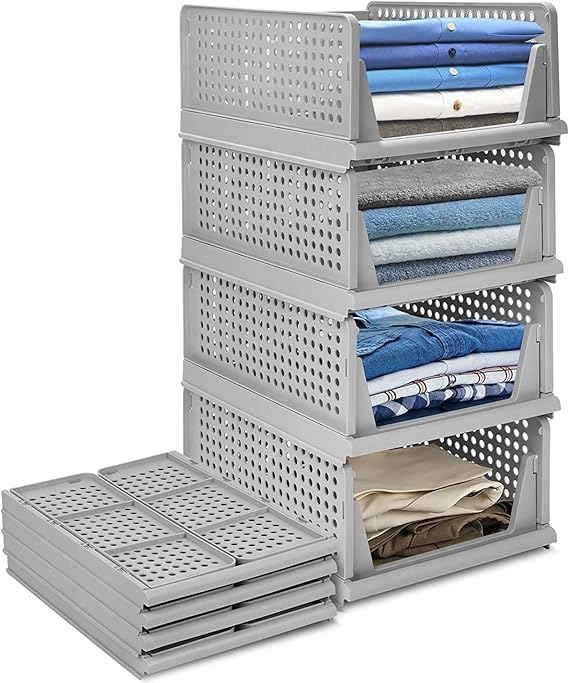 JEYANG Foldable Plastic Wardrobe Organizer - Stackable Storage Solution for Clothes, Ideal for Bathroom, Kitchen, and Bedroom Use (Pack of 6, Grey) - Image 1