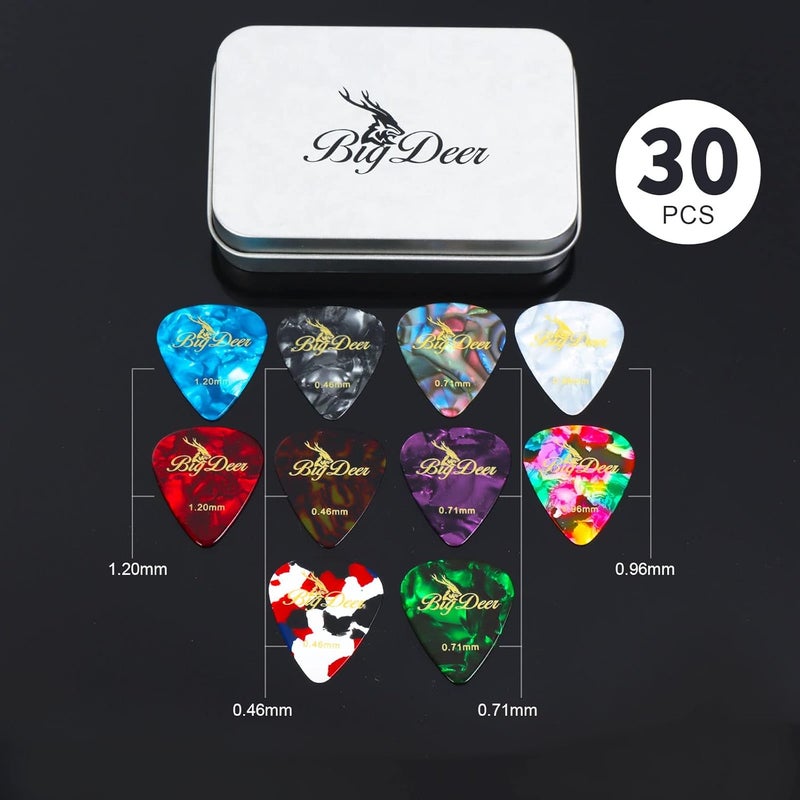 BigDeer 30 Pack Bright celluloid guitar picks, including 0.46mm, 0.71mm, 0.96mm and 1.2mm picks for acoustic guitars, ukulele, bass in tin case,comes with two guitar pick holders - Image 2