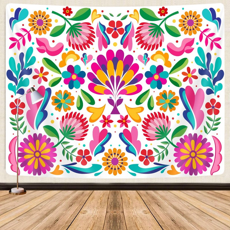GOAOK Mexican Tapestry, Colorful Mexico Floral Traditional Aesthetic Hippie Tapestries, Mexican Ornate Ethnic Pastel Flowers Plant Tapestry Wall Hanging for Bedroom Living Room 60"x40" White - Image 1