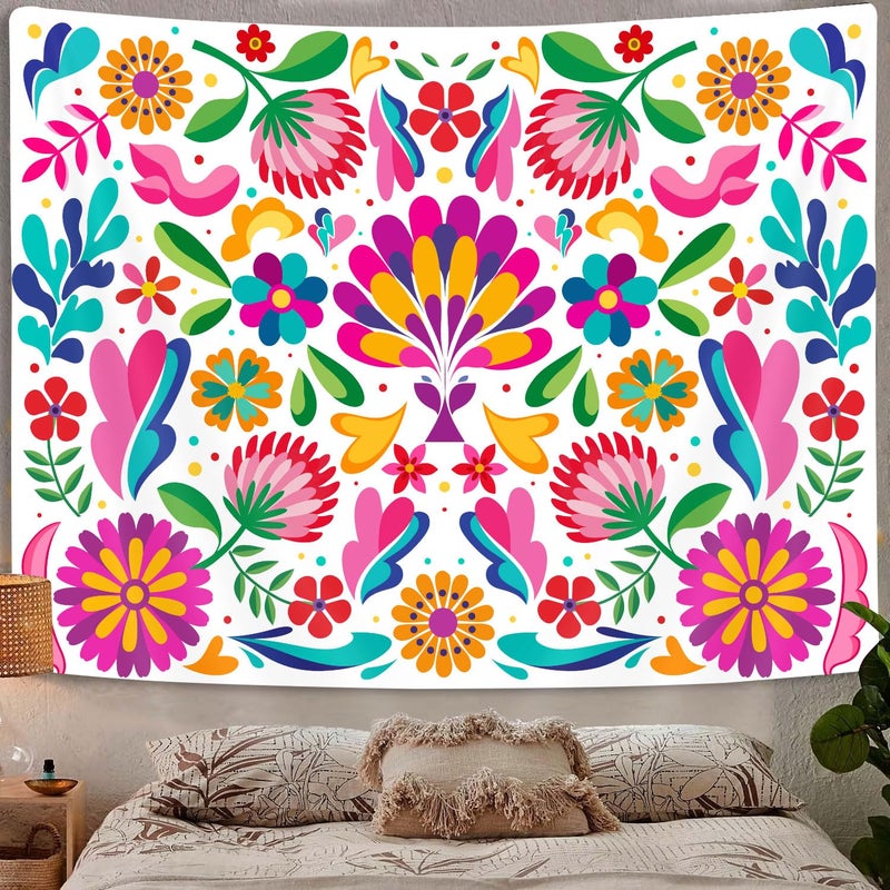 GOAOK Mexican Tapestry, Colorful Mexico Floral Traditional Aesthetic Hippie Tapestries, Mexican Ornate Ethnic Pastel Flowers Plant Tapestry Wall Hanging for Bedroom Living Room 60"x40" White - Image 3