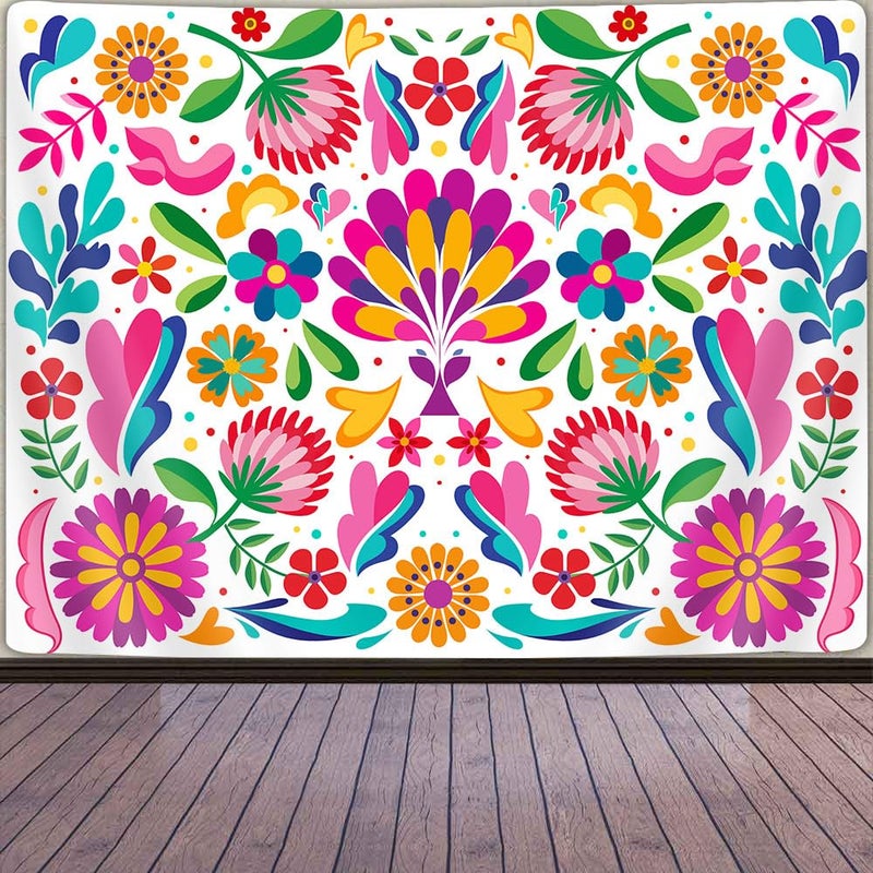 GOAOK Mexican Tapestry, Colorful Mexico Floral Traditional Aesthetic Hippie Tapestries, Mexican Ornate Ethnic Pastel Flowers Plant Tapestry Wall Hanging for Bedroom Living Room 60"x40" White - Image 4
