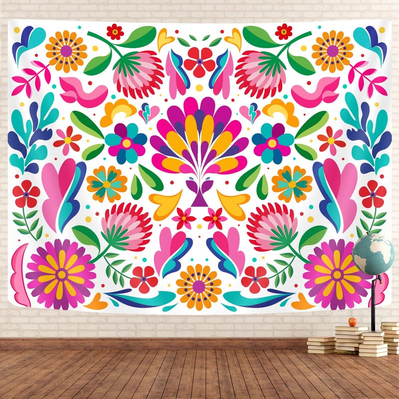 GOAOK Mexican Tapestry, Colorful Mexico Floral Traditional Aesthetic Hippie Tapestries, Mexican Ornate Ethnic Pastel Flowers Plant Tapestry Wall Hanging for Bedroom Living Room 60"x40" White - Image 2