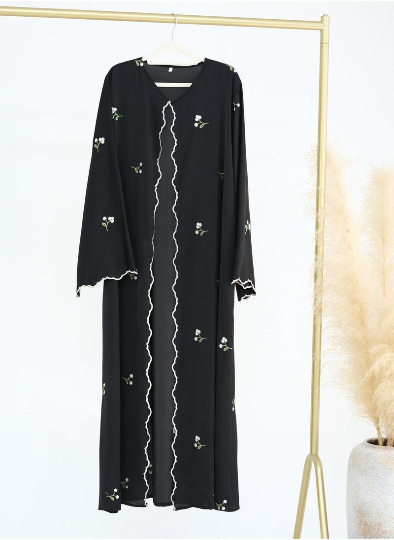 لوريا فستان طويل عربي للنساء المسلمات، كارديغان مطرّز، عبايات، رمضان، المغرب، دبي، جلابية، قفطان، تعليمي، عيد، أسود - Image 1