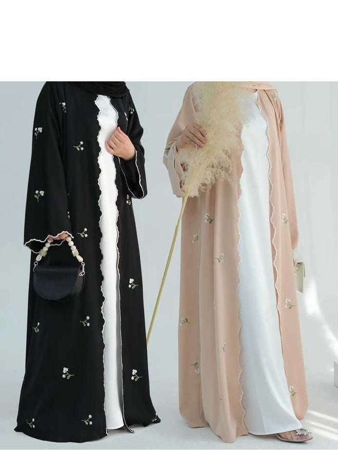 لوريا فستان طويل عربي للنساء المسلمات، كارديغان مطرّز، عبايات، رمضان، المغرب، دبي، جلابية، قفطان، تعليمي، عيد، أسود - Image 3