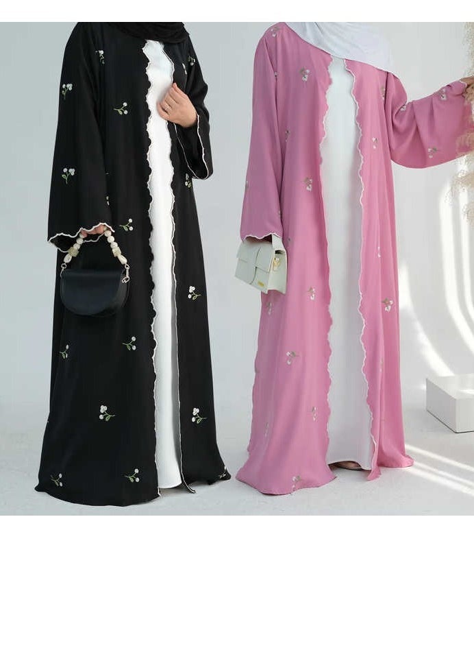 لوريا فستان طويل عربي للنساء المسلمات، كارديغان مطرّز، عبايات، رمضان، المغرب، دبي، جلابية، قفطان، تعليمي، عيد، أسود - Image 4