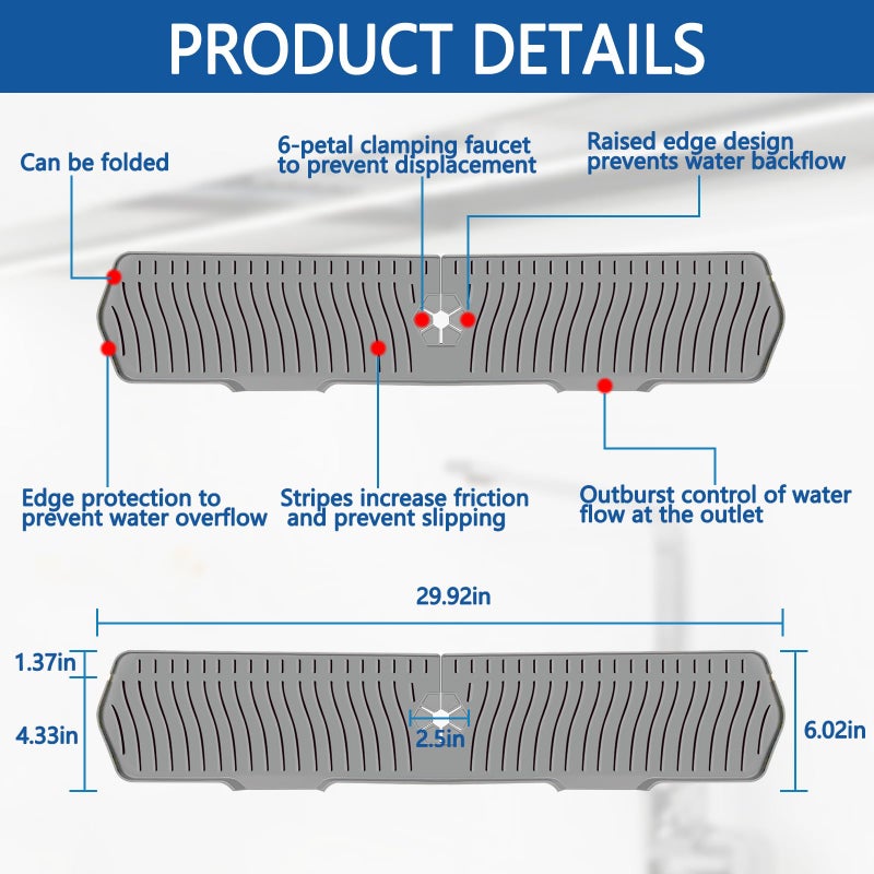 EBIGIC حماية حوض المطبخ Gen2-30" x 6'' حصيرة سيليكون لحماية الحوض تناسب سطح العمل، الحمام، المنزل الريفي، RV من EBIGIC (رمادي) - Image 2
