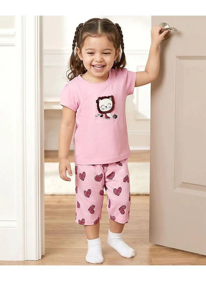 Babyhug Babyhug Cotton Knitted Capri Night Suit With Heart Print - Pink