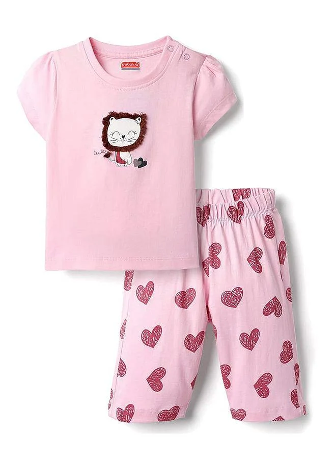 Babyhug Babyhug Cotton Knitted Capri Night Suit With Heart Print - Pink