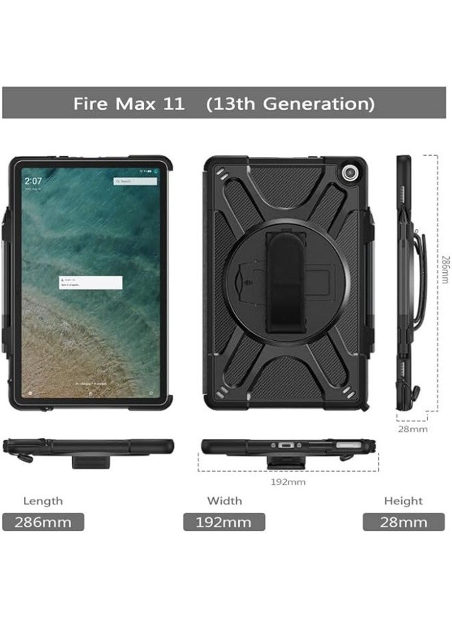 Compatible with Amazon Fire Max 11 Tablet Case (13th Generation, 2023 Release), Heavy Duty Rugged Protective Cover with Kickstand & Hand Strap