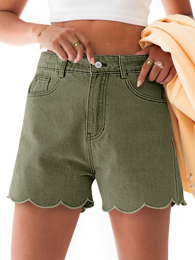 Aoysky Womens High Waisted Denim Shorts Summer Straight Leg Wave Hem Short Jeans Casual Trendy Jort - Image 1
