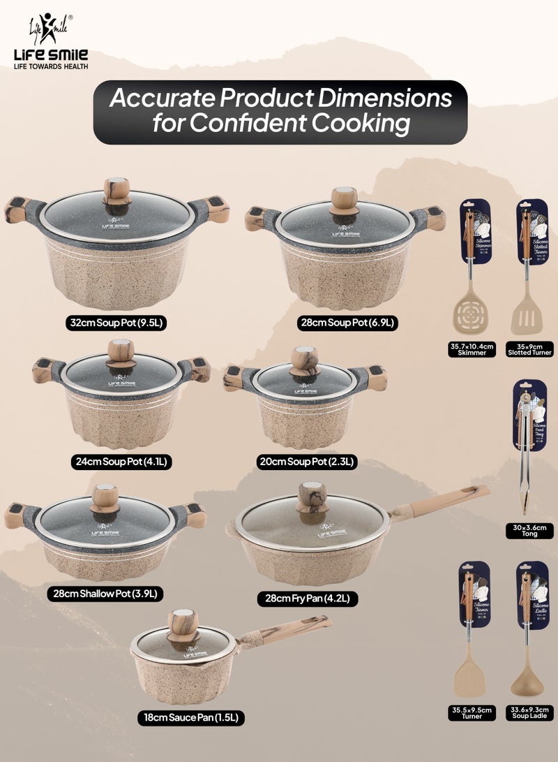 Life Smile Granite Nonstick Cookwares with Glass Lids & Utensils-Cookware Set includes Soup Pots( 32cm, 28cm,24cm, 20cm), 28cm Fry Pan, 28cm Shallow Pots,18cm Saucepan - Image 5