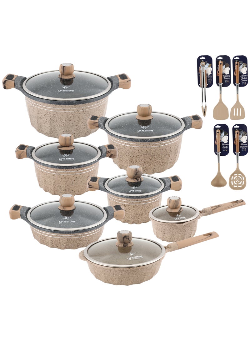 Life Smile Granite Nonstick Cookwares with Glass Lids & Utensils-Cookware Set includes Soup Pots( 32cm, 28cm,24cm, 20cm), 28cm Fry Pan, 28cm Shallow Pots,18cm Saucepan - Image 1