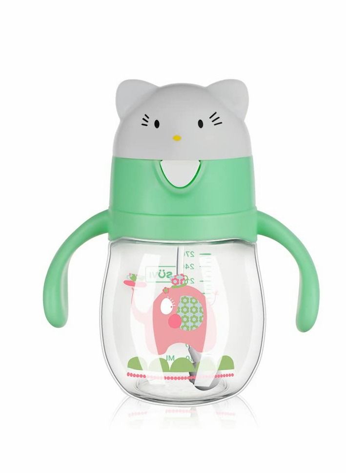 Y&D Straw Cup for Toddlers, 270ML No-Spill Sippy Cups with Weighted Straw, Spill Proof Training Toddler With Handle Baby Cartoon Leak-proof Water 6 Months+ Cute Cat Head Bady Bottle (Green) - Image 1