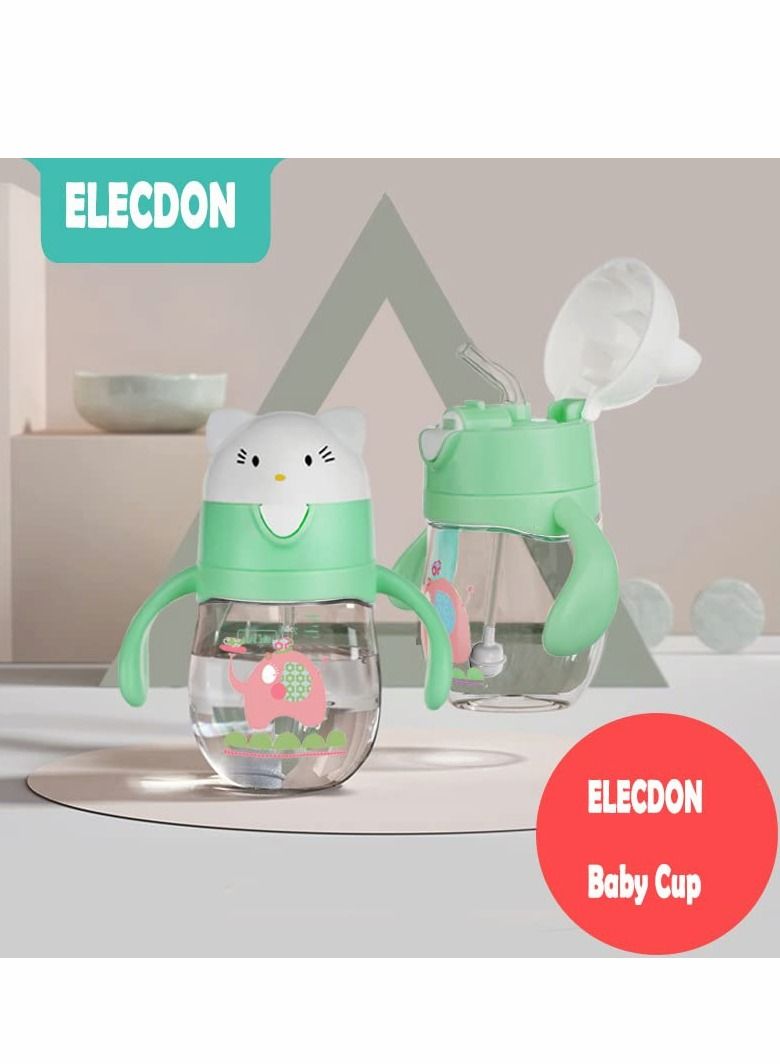 Y&D Straw Cup for Toddlers, 270ML No-Spill Sippy Cups with Weighted Straw, Spill Proof Training Toddler With Handle Baby Cartoon Leak-proof Water 6 Months+ Cute Cat Head Bady Bottle (Green) - Image 4