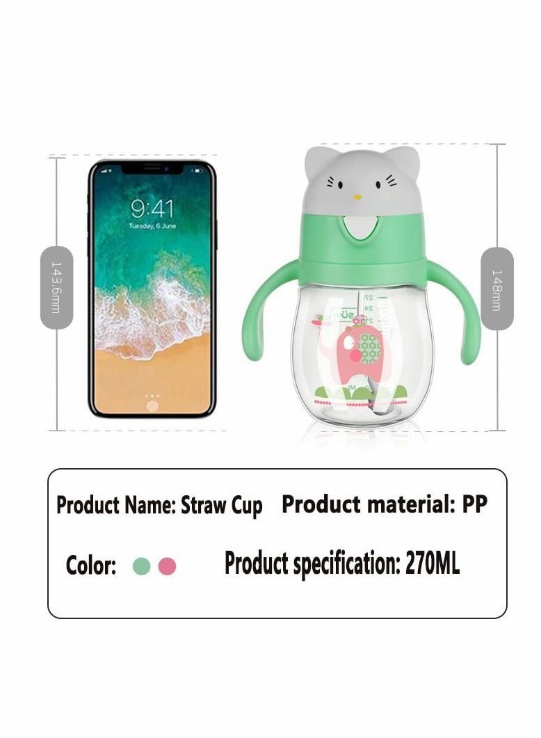 Y&D Straw Cup for Toddlers, 270ML No-Spill Sippy Cups with Weighted Straw, Spill Proof Training Toddler With Handle Baby Cartoon Leak-proof Water 6 Months+ Cute Cat Head Bady Bottle (Green) - Image 2