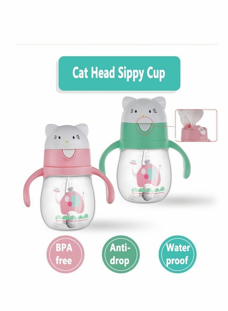 Y&D Straw Cup for Toddlers, 270ML No-Spill Sippy Cups with Weighted Straw, Spill Proof Training Toddler With Handle Baby Cartoon Leak-proof Water 6 Months+ Cute Cat Head Bady Bottle (Green) - Image 3