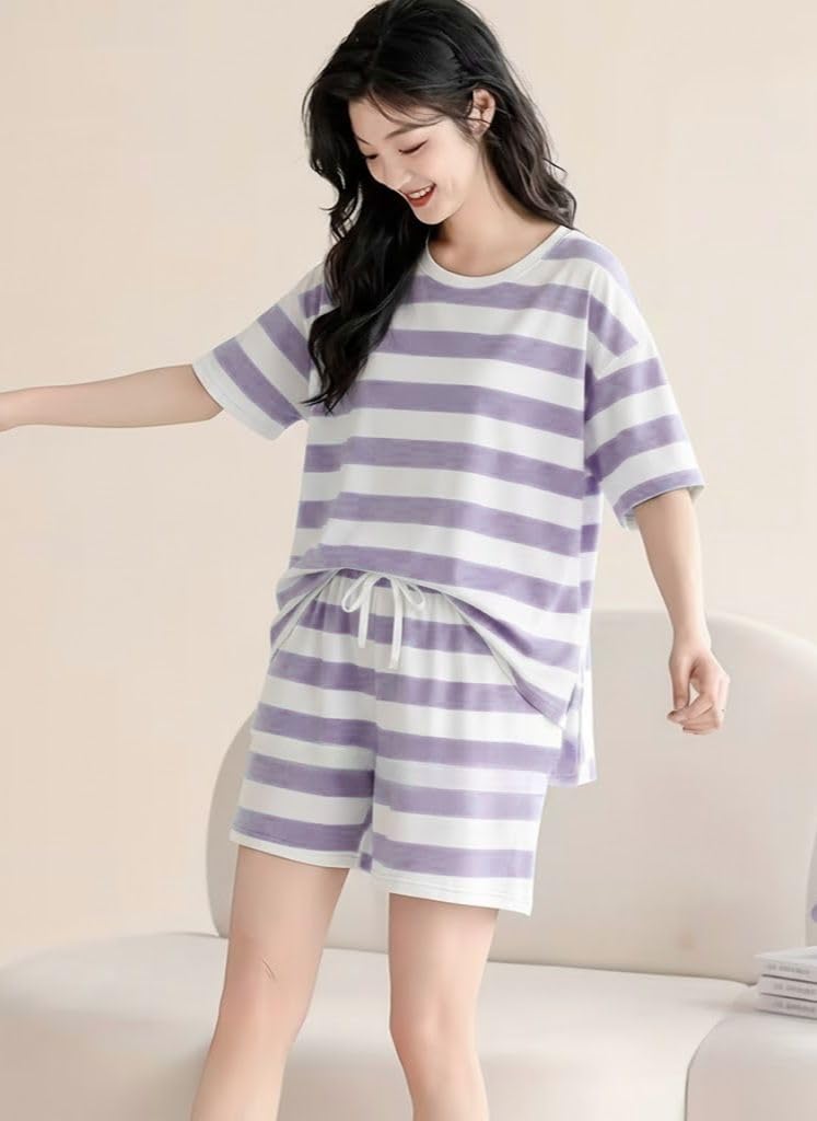 SMOWKLY Women Korean Shorts Pajama Set Cotton Blend Nightwear Set Top & Shorts Sleepwear Lounge Wear Soft Comfortable Night Suit Ladies Summer Night Dress Co-Ord Home Wear Set(1504_PRL_L) Purple - Image 3