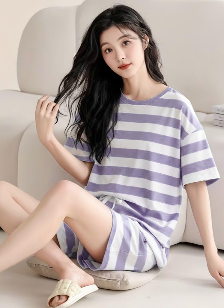 SMOWKLY Women Korean Shorts Pajama Set Cotton Blend Nightwear Set Top & Shorts Sleepwear Lounge Wear Soft Comfortable Night Suit Ladies Summer Night Dress Co-Ord Home Wear Set(1504_PRL_L) Purple - Image 4