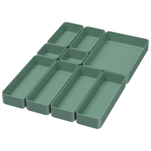 CHANCETSUI 9 Pcs Stackable Drawer Organizer Trays Set, Green, Multifunctional Storage for Vanity, Bathroom, Kitchen, Desk Drawer Organizer Office, PET Plastic - Image 1