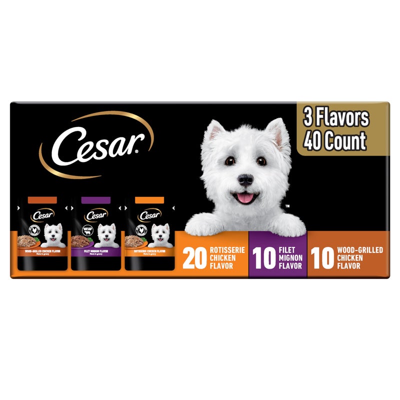 Cesar Filets in Gravy Wet Dog Food Rotisserie Chicken Flavor, Filet Mignon Flavor, and Wood-Grilled Chicken Flavor Variety Pack, 1.76 oz. Mini-Pouches, 40 Pack - Image 1