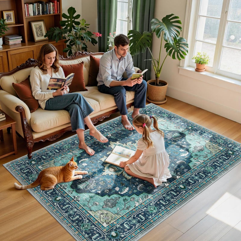 RELEANY Area Rugs 5'x7' Washable Non-Slip, Floral Vintage Distress Print Pattern Medallion Carpet for Living Room Bedroom Dining Room, Teal Green Lake Blue Turquoise - Image 3