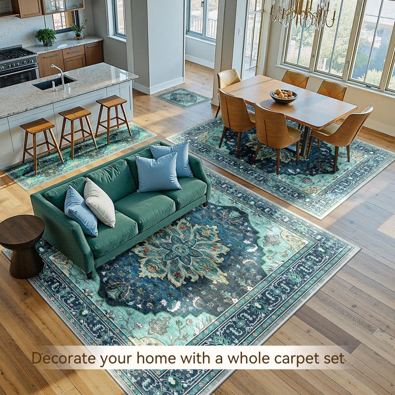 RELEANY Area Rugs 5'x7' Washable Non-Slip, Floral Vintage Distress Print Pattern Medallion Carpet for Living Room Bedroom Dining Room, Teal Green Lake Blue Turquoise - Image 4