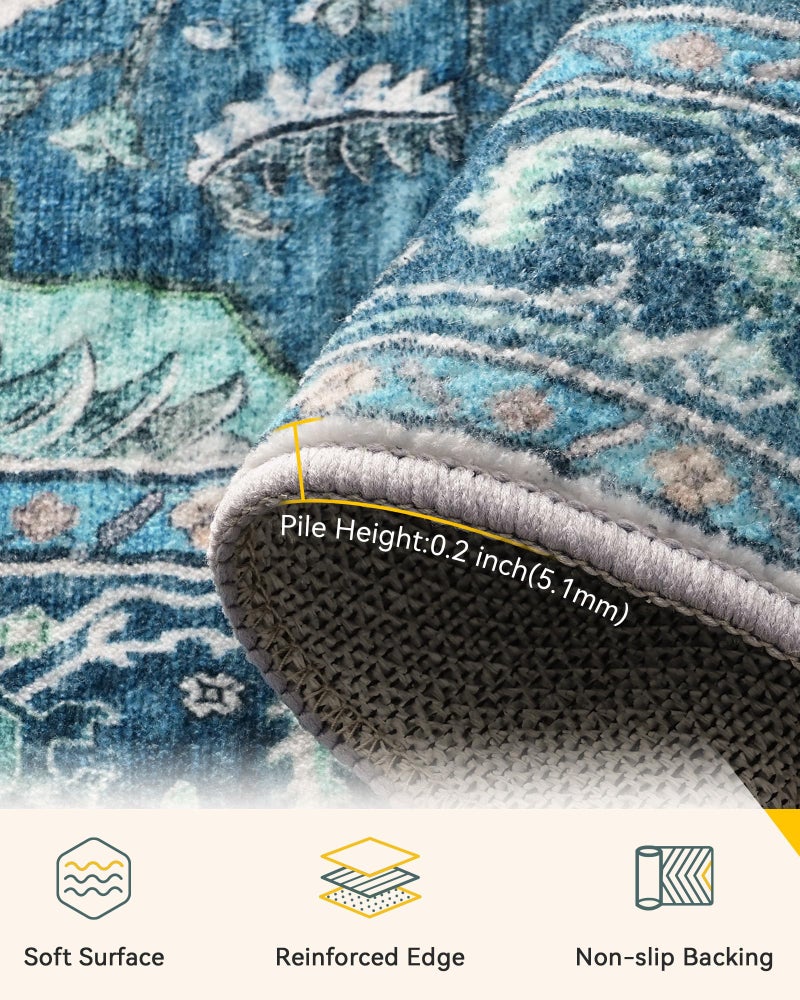 RELEANY Area Rugs 5'x7' Washable Non-Slip, Floral Vintage Distress Print Pattern Medallion Carpet for Living Room Bedroom Dining Room, Teal Green Lake Blue Turquoise - Image 5