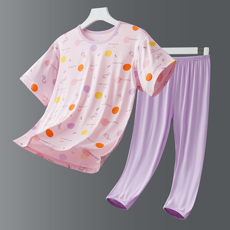 Children's Home Suit Summer Thin Girls' Boys' Middle-aged Children's Two-piece Soft Slide Home Long-sleeved Air-conditioning Suit - Image 1