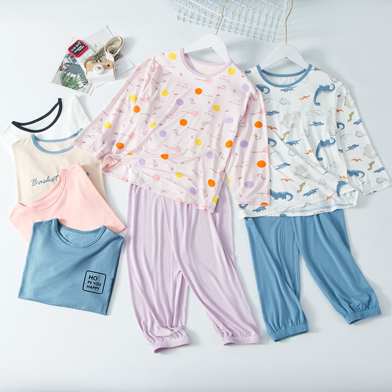 Children's Home Suit Summer Thin Girls' Boys' Middle-aged Children's Two-piece Soft Slide Home Long-sleeved Air-conditioning Suit - Image 2